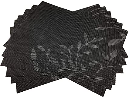 Gugrida Place Mats PVC Set of 6, Table Placemats Set of 6 PVC Washable Woven Vinyl Place Mats Heat Insulation Top Meal Mat Table Mats Natural Color (6 Pcs, Black Leaves)