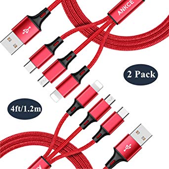 2Pack Multi USB Charging Cable, ANKCE Multiple USB Fast Charger Cords,4ft/1.2m Nylon Braided,3 in 1 USB to Type C/Micro/Lightning Plug Connectors for All Device Port Android,Apple,iPhone