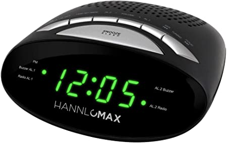 HANNLOMAX HX-116CR Alarm Clock Radio, PLL AM/FM Radio, Dual Alarm, 0.6" Green LED Display (Black)