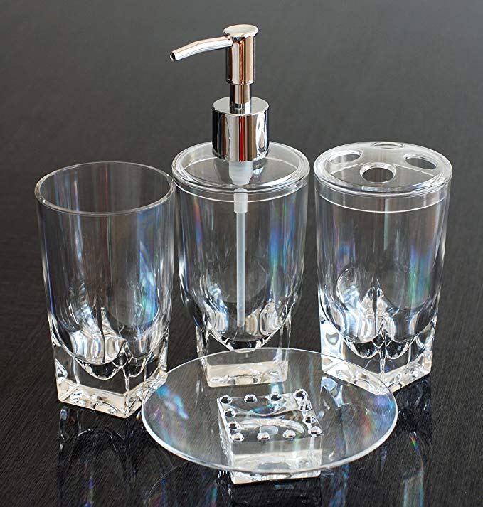 GQ QG 4-Piece Crystal-Clear Acrylic Plastic Ice Cube Square Heavy Base Bathroom Accessory Set - Lotion Dispenser, Toothbrush Holder, Soap Dish, Tumbler BTSQ-CL