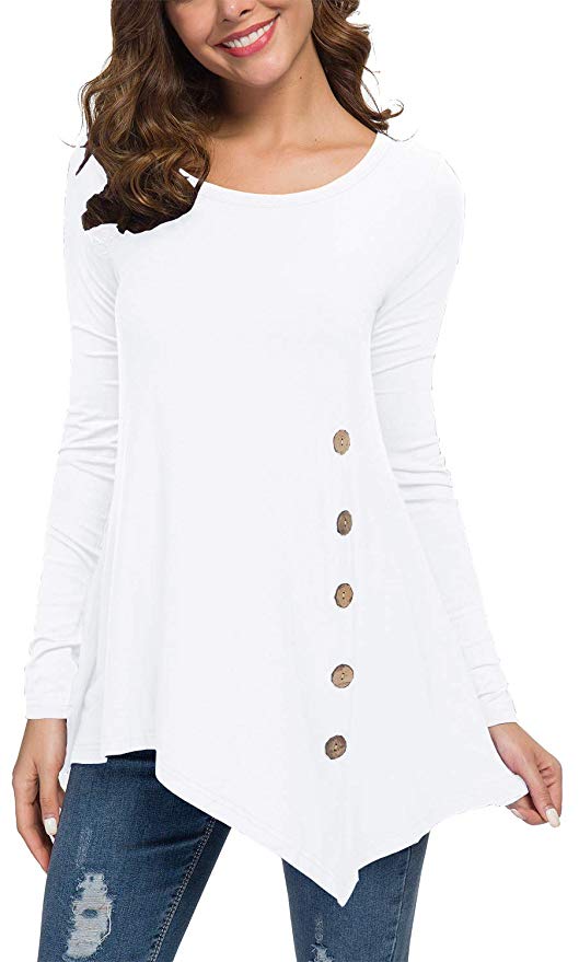 Viishow Women's Long Sleeve Scoop Neck Button Side Tunic Tops Blouse