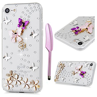 iPhone 7 Case (4.7")-MOLLYCOOCLE Crystal Clear Transparent Handmade Bling Shiny Crystal Diamond Design PC Hard Shell Full Protective Case Cover for iPhone 7,Floral Butterfly