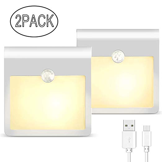 Motion Sensor Night Light, LED Stick-On Cupboard Light 2 Pack USB Rechargeable Stick-Anywhere Wall Light with 12 LED Removable Night Light for Bedroom Bathroom Kitchen Hallway Stairs(Warm White)