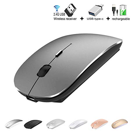 2.4G Rechargeable Slim Wireless Mouse with USB Receiver, 3 Adjustable DPI Levels for Notebook, PC, MAC, Laptop, Computer, MacBook (Gray)