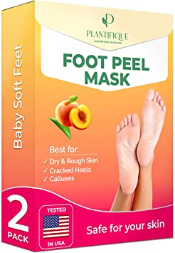 Foot Peel Mask with Peach - 2 Pack Peeling Foot Mask Dermatologically Tested - Repairs Heels & Removes Dry Dead Skin for Soft Baby Feet - Exfoliating Foot Peel Mask for Dry Cracked Feet by Plantifique