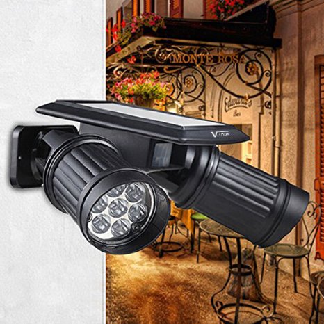 Vinus® Solar Powered Lights PIR Motion Sensor Dual Head Spotlight Adjustable Waterproof 14 LED Wall Light for Deck Yard Garden Driveway - Auto On/Off