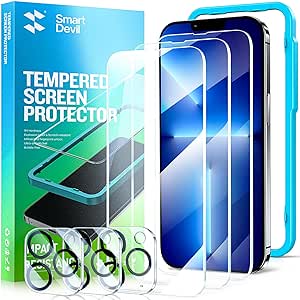 SmartDevil 3 Pack Screen Protector for iPhone 13 Pro Max with 3-Pack Camera Lens Protector, 9H Clear Tempered Glass Film [Military Grade Shatterproof], Alignment Frame [Easy Installation]