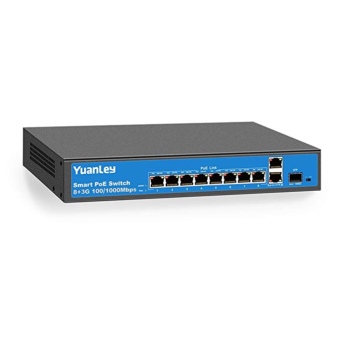 YuanLey 11 Port Full Gigabit Ethernet PoE  Switch 8 Port PoE |2 Port Uplink|1 SFP Port, 10/100/1000Mbps Speed, 120W,802.3af/at,19" Rackmount,Unmanaged Plug & Play