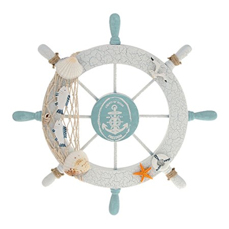 White Nautical Wooden Boat Ship Steering Wheel Net Shell Wall Hanging Home Decor - Fish