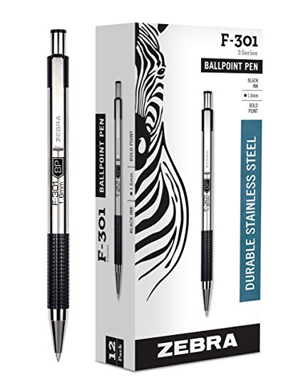 Zebra F-301 Ballpoint Stainless Steel Retractable Pen, Bold Point, 1.6mm, Black Ink, 12-Count