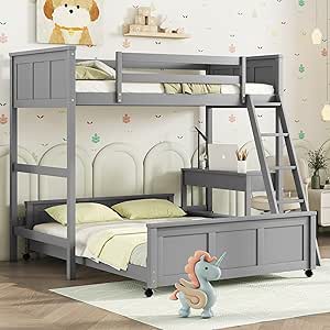 Harper & Bright Designs Twin Over Full Bunk Beds with Desk and Drawers, Wood Twin Size Loft Bed with Removable Full Platform Bed Frame, Bunk Bed with Ladder for Kids Girls Boys, Grey