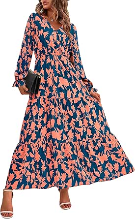 BTFBM Women Fall Dresses 2024 Casual Long Sleeve V Neck Maxi Dresses Floral Boho Long Dress Wedding Guest Dress