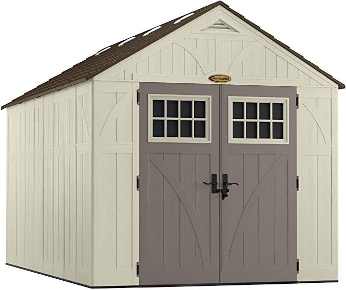 Suncast 13' x 8' Tremont Storage Shed - Natural Wood-Like Outdoor Storage for Power Equipment and Yard Tools - All-Weather Resin Material, Skylights and Shingle Style Roof