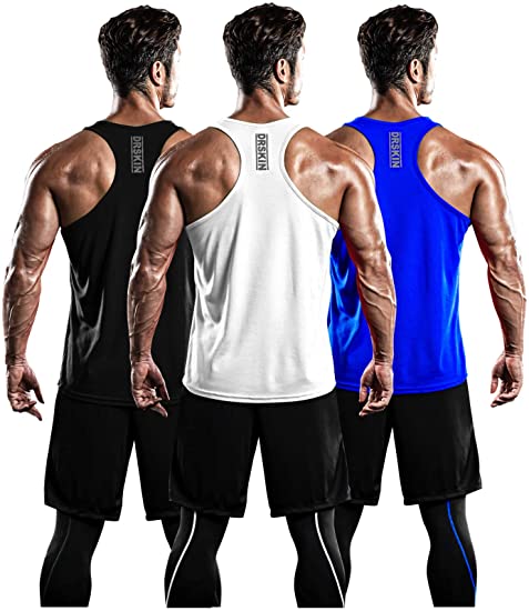 DRSKIN Men's 3 Pack Dry Fit Y-Back Gym Muscle Tank Mesh Sleeveless Top Fitness Training Cool Dry Athletic Workout
