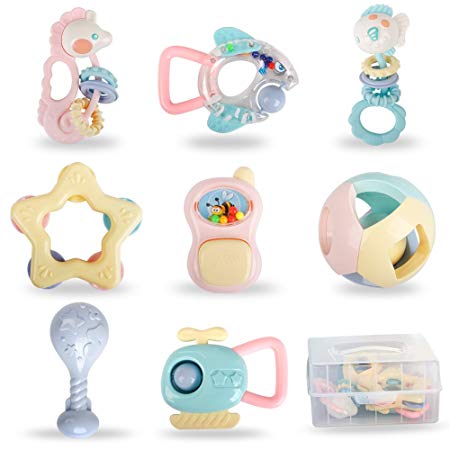 8Pcs Baby Rattles Teethers Set Shaking Bells with Storage Box for Infants Babies Newborn Boys Girls
