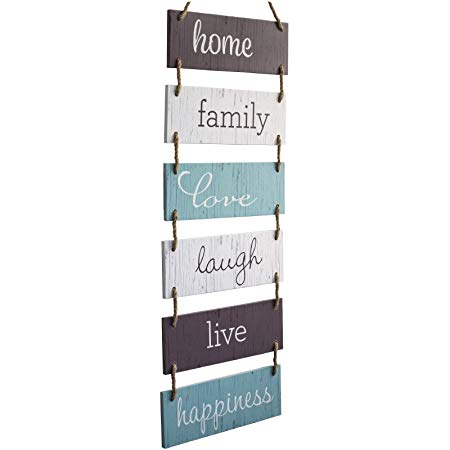Excello Global Products Large Hanging Wall Sign: Rustic Wooden Decor (Home, Family, Love, Laugh, Live, Happiness) Hanging Wood Wall Decoration (11.75" x 32")