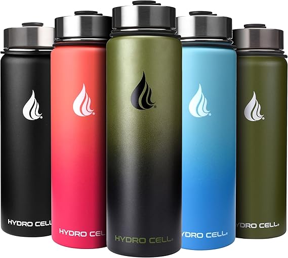 HYDRO CELL Stainless Steel Insulated Water Bottle with Straw - For Cold & Hot Drinks - Metal Vacuum Flask with Screw Cap and Modern Leakproof Sport Thermos for Kids & Adults (Army/Black 24oz)