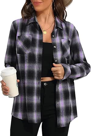 Deer Lady Plaid Flannel Shirts for Women Buffalo Plaid Shirts Oversized Long Sleeve Casual Button Down Blouse Top