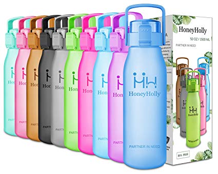 HoneyHolly Best Sports Water Bottle-32oz/1L&50oz/1.5L-Fast Flow,Flip Top Leak Proof Lid/One Click Open-Non-Toxic BPA Free-Training Jug Container