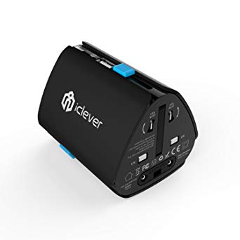 iClever Worldwide Travel Adapter, All in One Universal Wall Charger International AC Power Plug Adapter with USB Charging Port for USA EU UK AUS Cell Phone (Black)