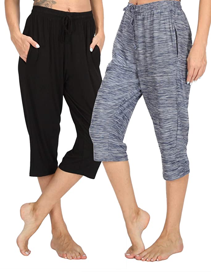 WEWINK CUKOO Capri Pants for Women Stretchy Soft Modal Pajama Bottoms Capris Lounge Cropped Pants with Pockets