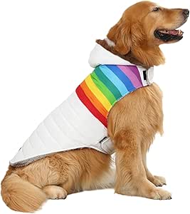 HDE Dog Puffer Jacket Fleece Lined Warm Dog Parka Winter Coat with Harness Hole White Rainbow Stripe - XL