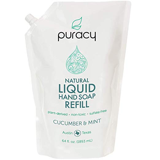 Puracy Natural Liquid Gel Hand Soap Refill, Cucumber & Mint, Sulfate-Free Hand Wash, 64 Ounce