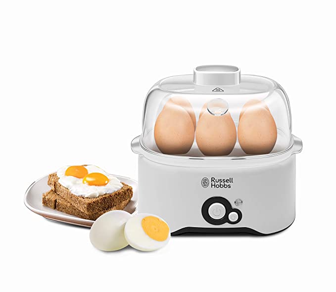 Russell Hobbs REG300-300 Watt Fully Automatic Egg Cooker with Egg Cooking Rack, 2 Poaching Pans and Measuring Cup (White) with 2 Years Manufacturer Warranty
