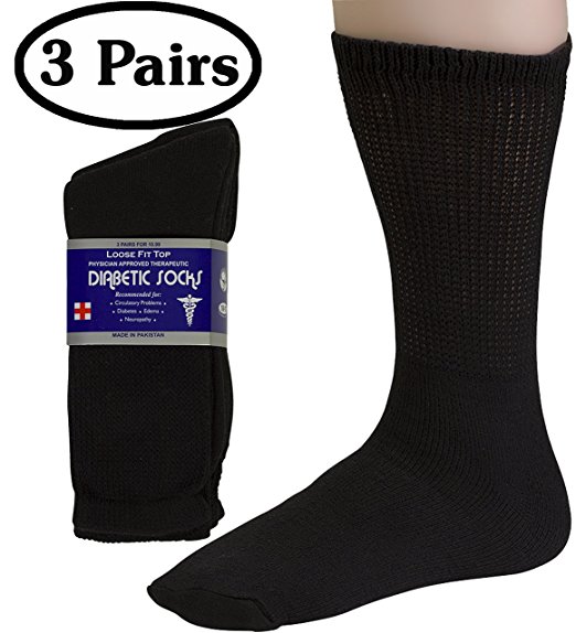 Diabetic Socks For Men By Debra Weitzner - Crew or Ankle Length - Breathable Cotton - Loose Fitting Design, Comfortable, Physician Approved - Non Binding Top - Black, White or Grey - Pack of 3 Pairs