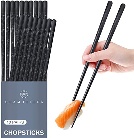 10 Pairs Fiberglass Alloy Chopsticks, GLAMFIELDS Reusable Japanese Chinese Korean Chop sticks Dishwasher Safe, Non-slip, 9 1/2 inch (Black Ivy League Style)