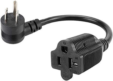 PluGrand 1-Foot Right Angle15 Amp Household AC Plug to 20 Amp T Blade Adapter Cable，14AWG 1-Foot 20 to 15 Amp Adapter Cord Nema 5-15P to 5-15R/5-20R 20Amp Comb AC Power Cord,15a to 20a Adapter Black