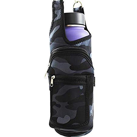BlankIt! Concepts Kisa Water Bottle Holder Carrier Flask Bottles Adjustable Shoulder Hand Strap 2 Pocket Sling Neoprene Sleeve Hiking Travel 16oz 17oz 20oz 24oz 25oz 32oz 40oz