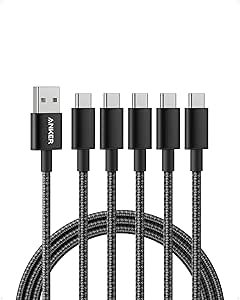 Anker USB C Kabel [5 Stück, 1,8 m] doppelt-geflochtenes Nylon Type C Ladekabel, für Samsung Galaxy S10 / S9 / S8 / Note 8, LG V20 / G5 / G6, HTC 10, Sony XZ, Xiaomi 5 (Schwarz)