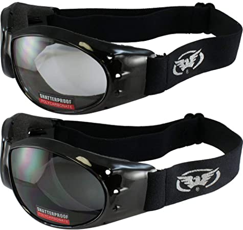Two Pairs of Global Vision Eliminator Deluxe Red Baron Style Padded Motorcycle Goggles Black Frames Smoke and Clear Lens