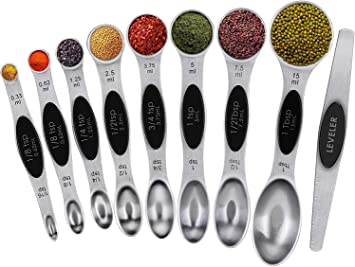 Bekhic Magnetic Measuring Spoons Set-Stainless Steel,Dual Sided,U.S. and metric measurement markings that are easy to read and won't fade.Fits in Spice Jars or Liquid,Set of 9 (Black)