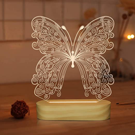 3D Optical Illusion Lamp Butterfly Night Light for Kids Baby Girl Bedroom Decor Gifts,Soft Warm White Colors Wooden Base Bedside Table Lamp