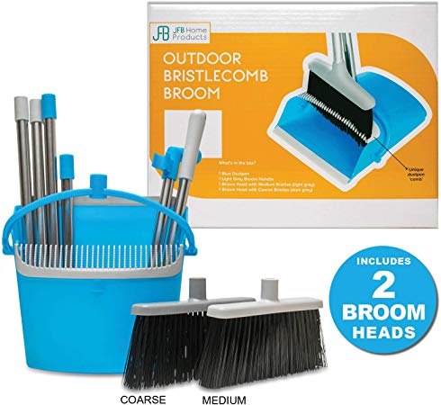 BristleComb Outdoor Broom and Dustpan Set Upright – 64” Long Collapsible Broom and Dust Pan with Long Handle, Self Cleaning Comb & 2 Interchangeable Heads of Different Stiffness - Medium and Coarse