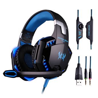 KOTION EACH G2000 PC Gaming Over-ear Professional Headphone Headset Bass Earphones 3.5mm LED Light Cool Style Stereo with Mic Noise Cancelling and Volume Control (Blue)
