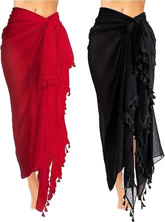 2 Pieces Women Beach Batik Long Sarong Swimsuit Cover up Wrap Pareo with Tassel for Women Girls