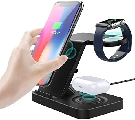 MoKo 3 in 1 Wireless Charger Stand Qi Fast Charging Station Dock Compatible iPhone 13/12/11 Pro Max SE Samsung S20/S10, Galaxy Watch 3/Active 2/1/Buds, Apple Watch SE/6/5/4/3/2/Airpods 2/Pro