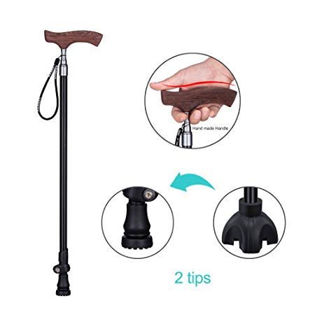 YAPASPT Walking Cane - Adjustable Self-Standing Cane - Lightweight Wooden Handle Mobility Aid (2 Tips)
