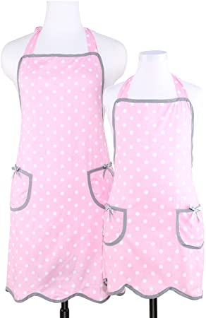 NEOVIVA Kitchen Aprons with Pockets for Mother and Daughter, Mama and Me Aprons Set for Cooking, Baking and Gardening, Style Wendy, Polka Dot Pink