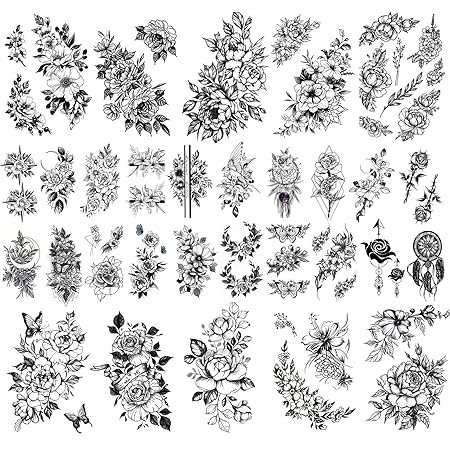 Kotbs 30 Sheets Sexy 3D Flowers Temporary Tattoos, Include 10 Sheets Large Temporary Flower Tattoos for Women Girls Adults and 20 Sheets Tiny Black Sketch Floral Blossom Tattoo Stickers for Kid Teens