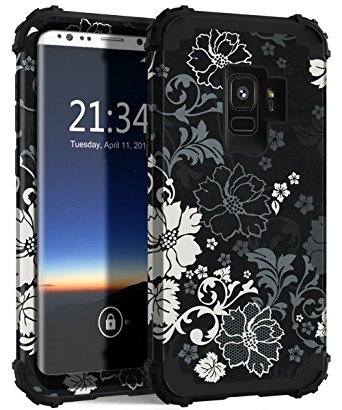 Samsung Galaxy S9 Case, Hocase Heavy Duty Shockproof Silicone Rubber Bumper Hard Shell Full-Body Protective Phone Case w/Cute Floral Print for Samsung Galaxy S9 2018 - Black/White Flowers