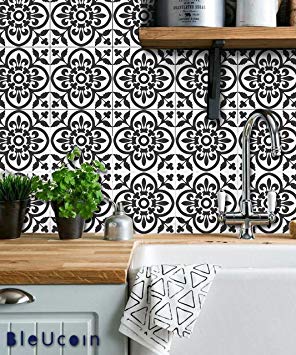 Moroccan Terracotta Peel and Stick Tile Stickers for Kitchen Backsplash Bathroom Floor Countertop Linoleum Waterproof Removable DIY Vinyl Decals Home Decor (4" x 4" Inches Pack of 24, Black & White)