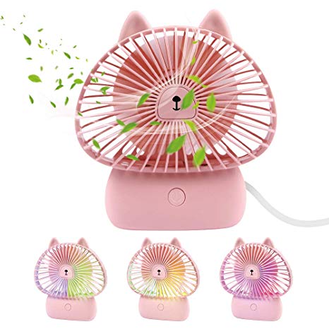 TekHome Battery Operated Fan Pink with Light, Mini Personal Handheld Fan for Travel, Cat Gifts for Cat Lovers, Quiet USB Table Desk Fan, Ventilador Recargable, 3 Speed, 4 Inch, 4-Hour Portable Use.