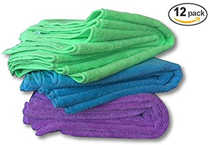 Microfiber Cleaning Cloths 12 Pack - Premium Large Soft 16x16 Washable Towels - Super Thick 350 GSM - Wash or Buff Surfaces, Screens, Car & Auto, Bath and Kitchen by MicrofiberPros (Rainbow)