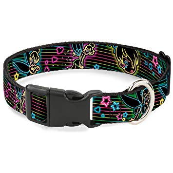 Buckle-Down BAC-WDY109-NL Breakaway Cat Collar-Electric Tinkerbell Poses/Stripes Black/Multi Neon, 1/2" W-9-15" Neck-Large