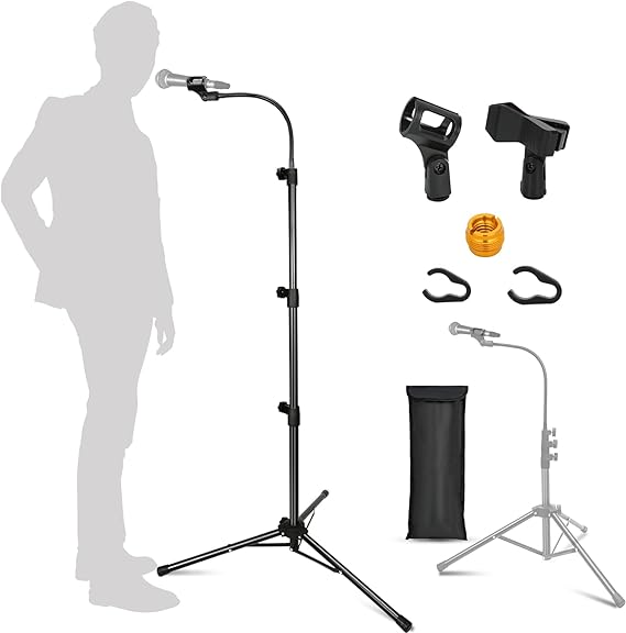 Mic Stand, Boom Microphone Stands Tripod Gooseneck Microphone Stand Height Adjustable from 24" to 67" with 2 Mic Clips for Singing Stage Performance Party Mic Mount