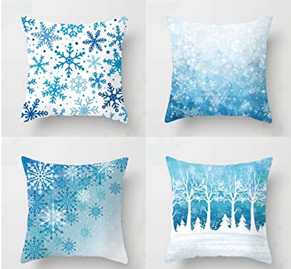Emvency Set of 4 Throw Pillow Covers 18x18 Inches Decorative Cushion Merry Christmas Blue Snow Winter with Snowflakes Falling White Crystal Forest Polyester Pillow Cases Square Pillocases for Bed Sofa